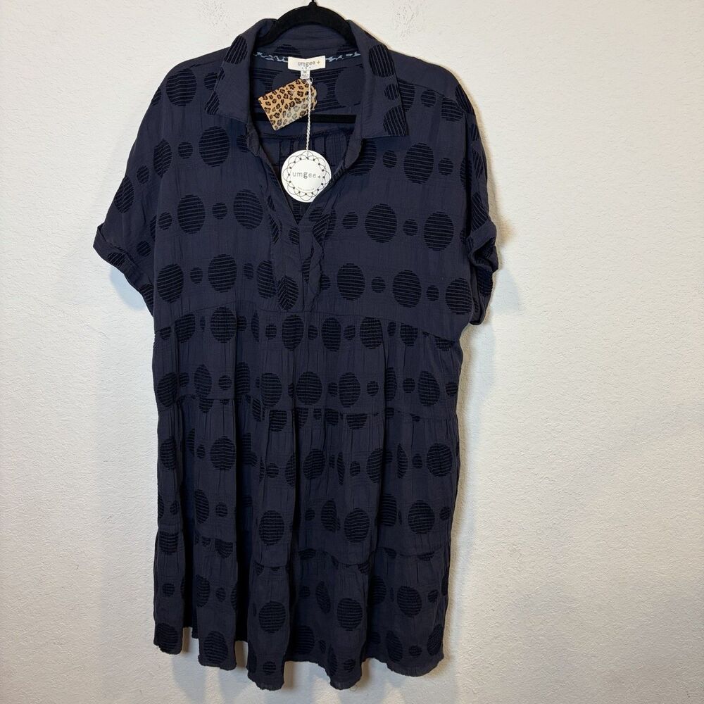 NEW Umgee 1XL Navy Blue Swiss Polka Dot Tiered Shirt Dress Midi Casual Lagenlook